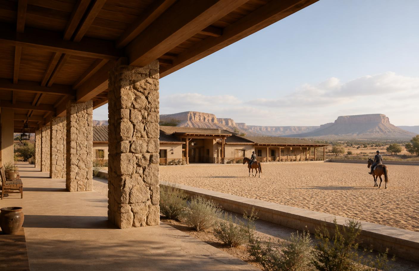 Concept render of a riding academy and training arena — illustrative.