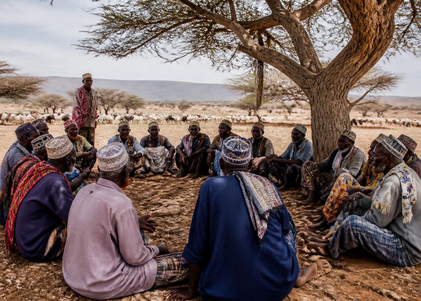 A pastoral community assembly under an acacia tree — illustrative imagery.