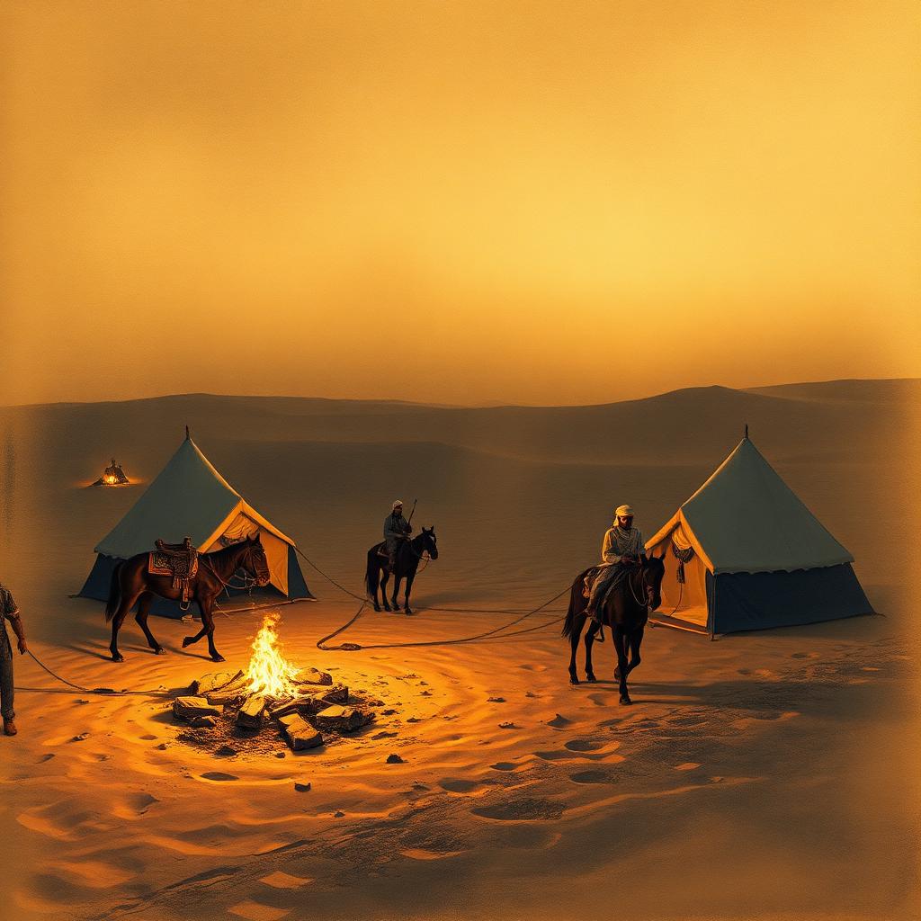Desert encampment at dusk — artist's historical impression.